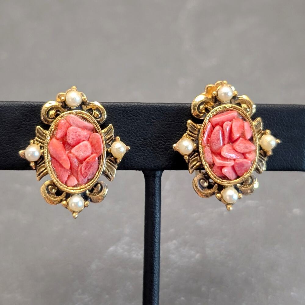 Vintage Clip On Earrings Stunning Regal Coral Tone, Gold Tone, Faux Pearl Oval